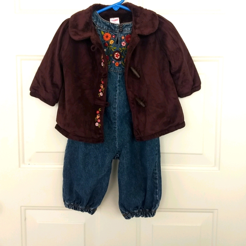 Gymboree Denim Embroidered Jean Overalls 6-12 Mo Romper & Jacket